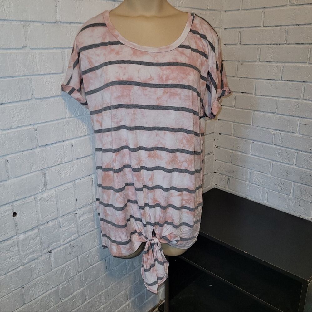 First Love Tie-Front Striped & Tie-Dye Top - Pink/Grey/White